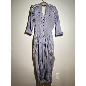 VTG Karen Alexander EUC Long Sleeve Royal Blue/White Stripe Denim Jumpsuit 8